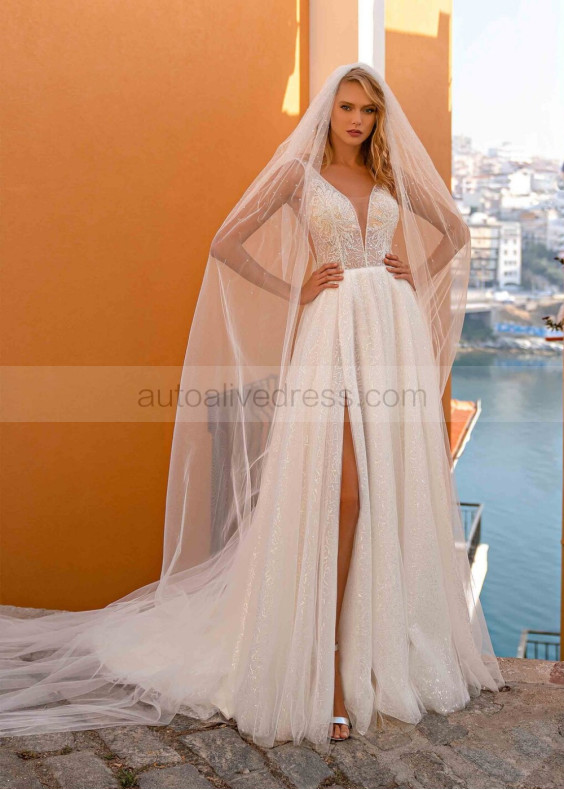 Plunging Neck Beaded Ivory Lace Tulle Slit Wedding Dress